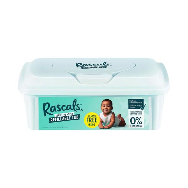 RASCALS PREMIUM SENSITIVE WIPES PLASTIC FREE CLOTH 80 PACK REFILLABLE TUB