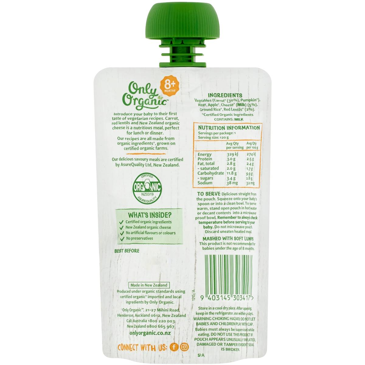 Only Organic 8 Months+ Carrot Red Lentils & Cheddar 120g