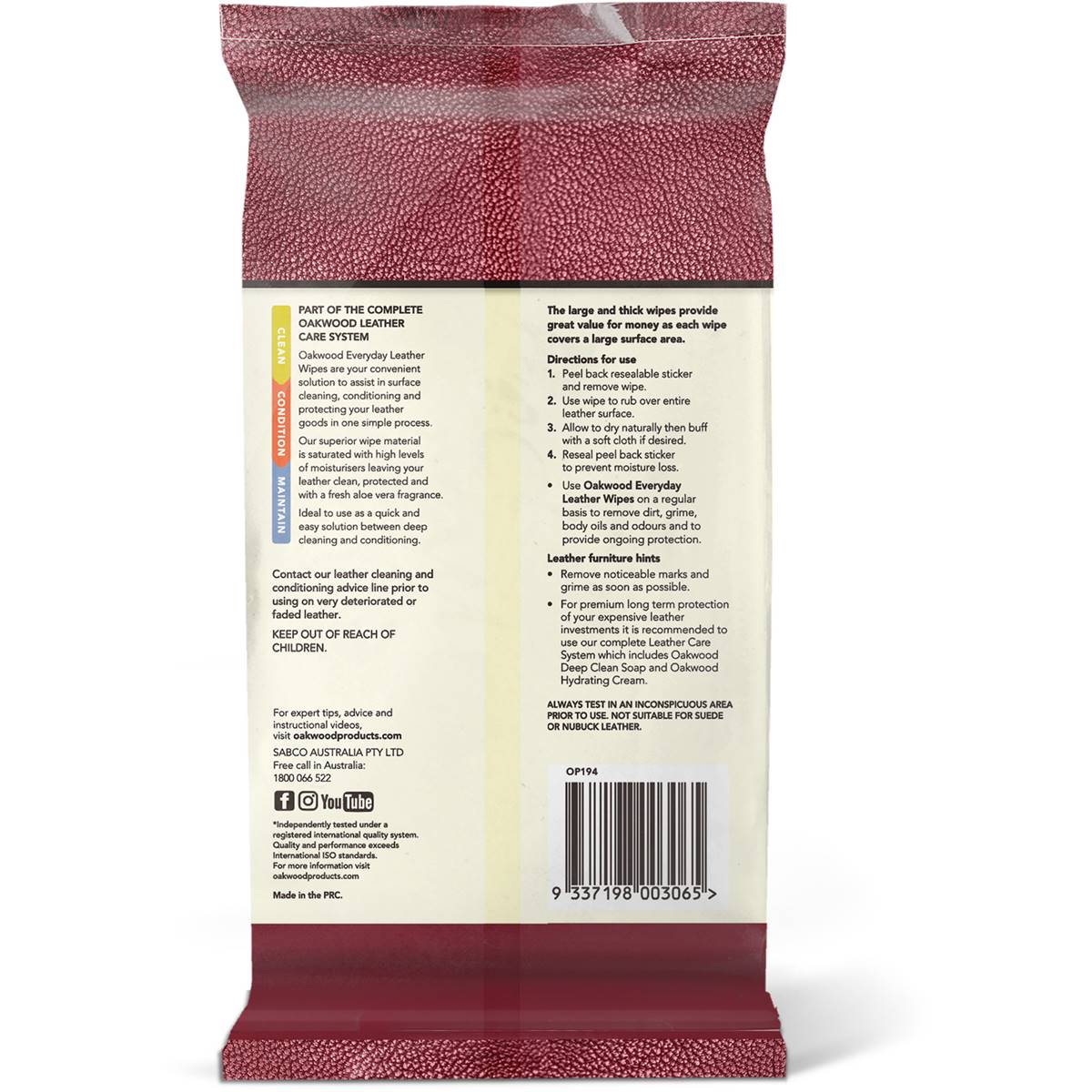 Oakwood Leather Polish Conditioner Wipes 20 Pack