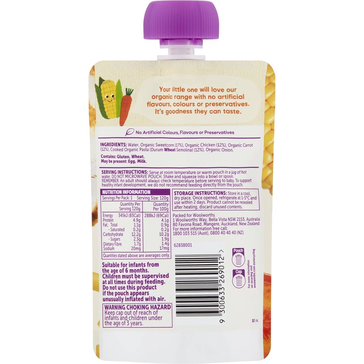 Macro Organic Baby Food Chicken & Sweetcorn Pasta 6m 120g