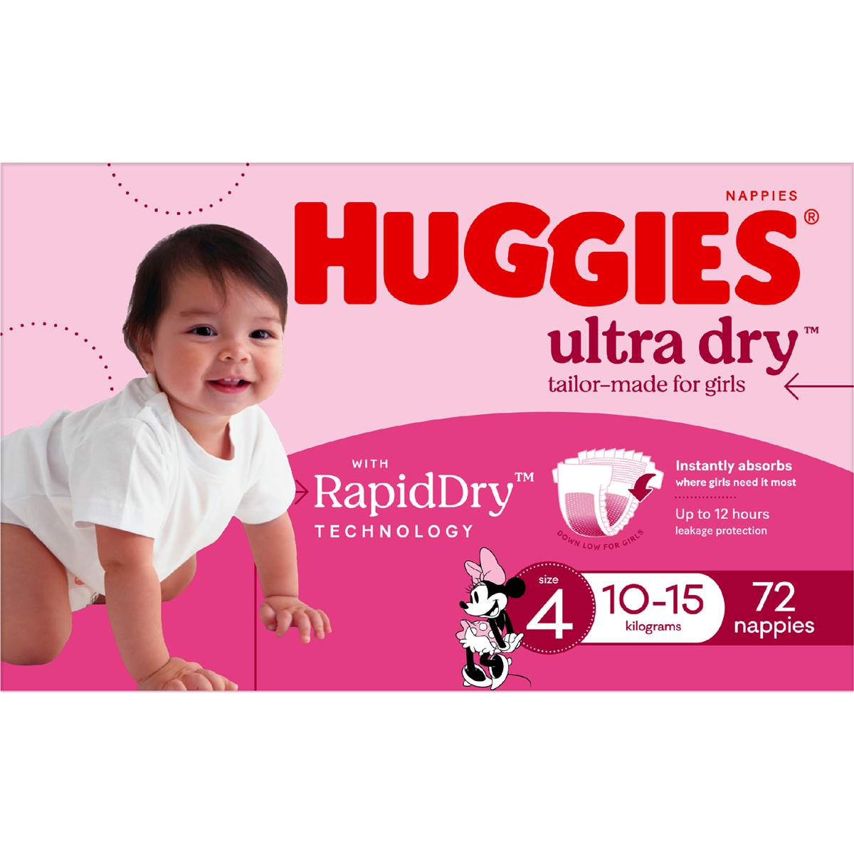 Huggies Ultra Dry Nappies Girls Size 4 (10-15kg) 72 Pack