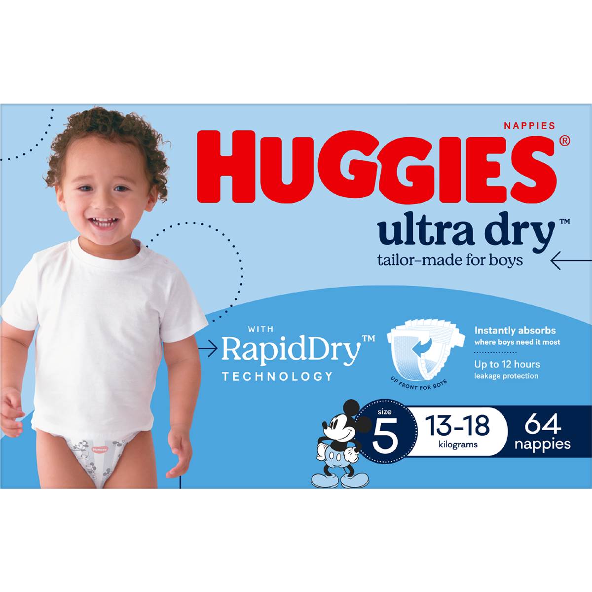 Huggies Ultra Dry Nappies Boys Size 5 (13-18kg) 64 Pack