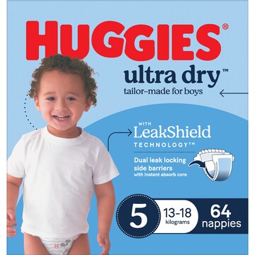 Huggies Ultra Dry Nappies Boys Size 5 (13-18kg) 64 pack