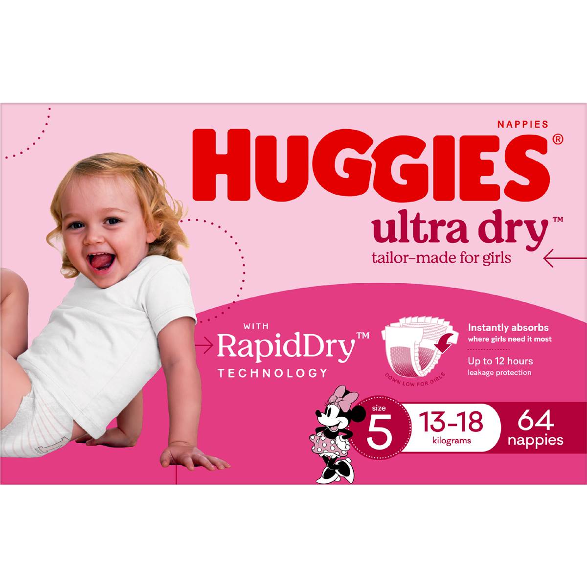 Huggies Ultra Dry Nappies Girls Size 5 (13-18kg) 64 Pack