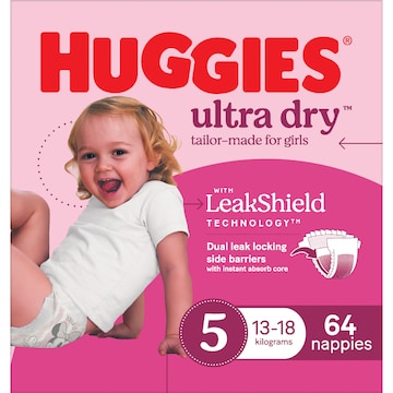 Huggies Ultra Dry Nappies Girls Size 5 (13-18kg) 64 pack