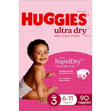 Huggies Ultra Dry Nappies Girls Size 3 (6-11kg) 90 pack
