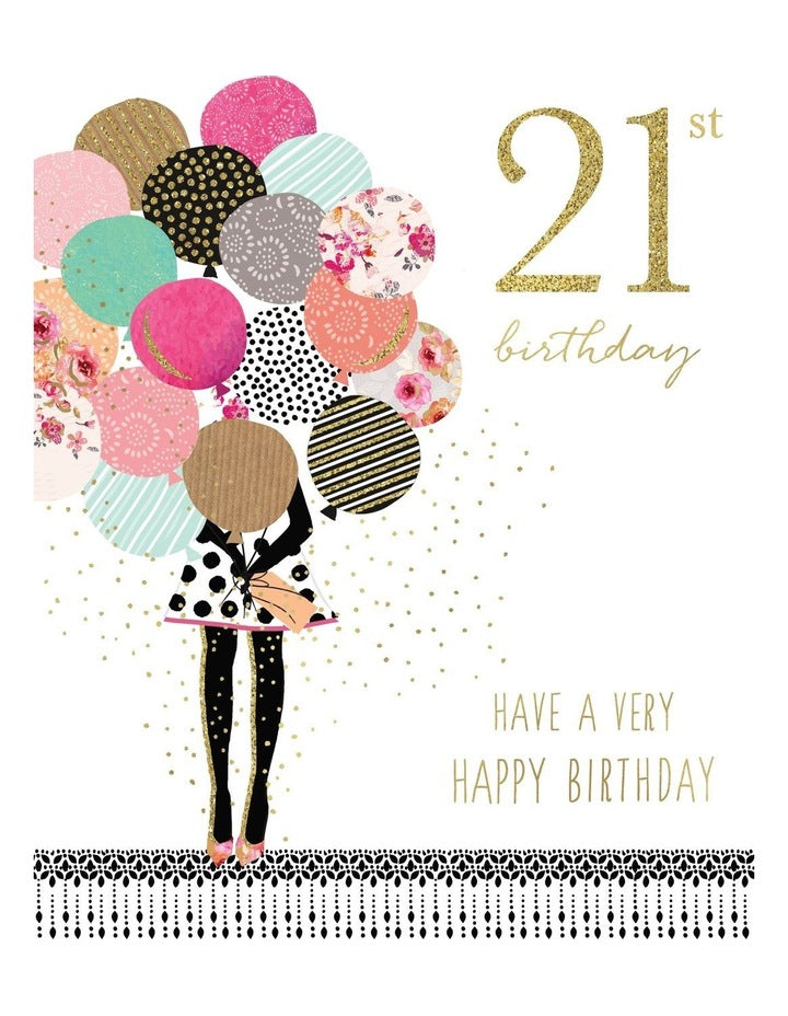 21st Birthday female card girl with balloons