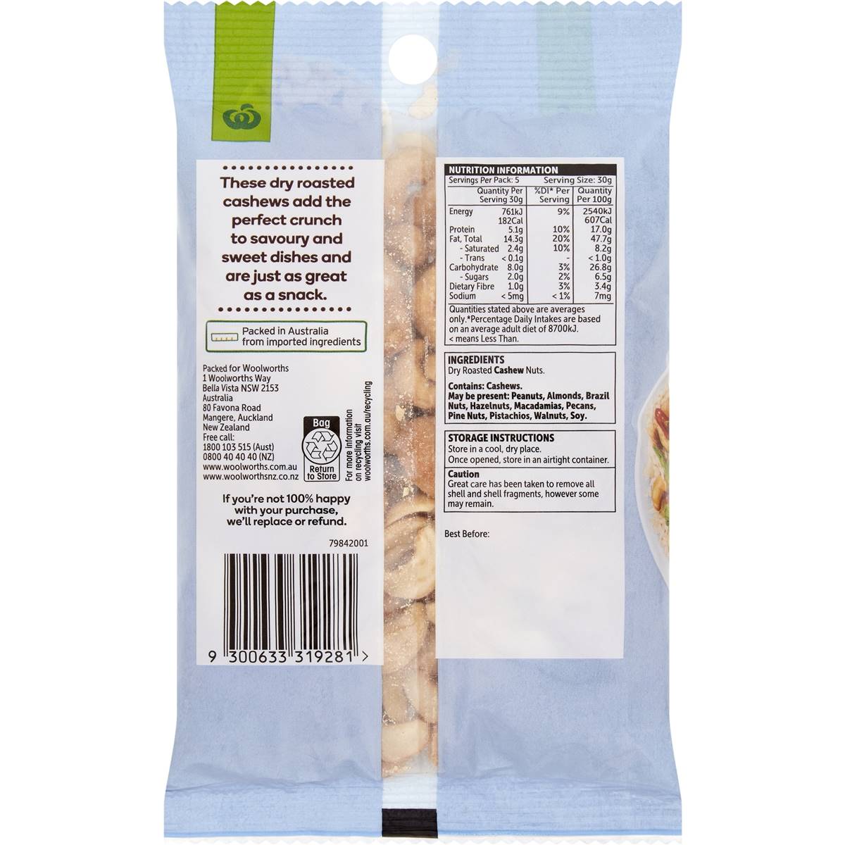 Woolworths Cashews Dry Roasted 150g