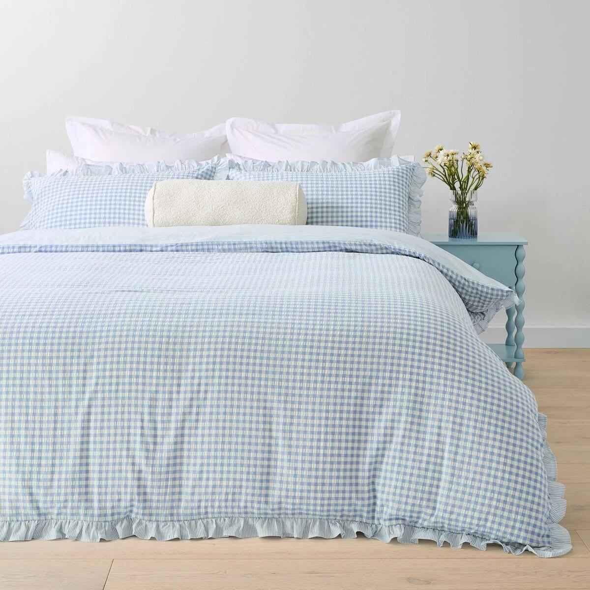 Gingham Ruffle Reversible Cotton Quilt Cover Set - King Bed, Blue