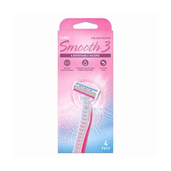 COLES SMOOTH 3 DISPOSABLE RAZORS:4:PACK