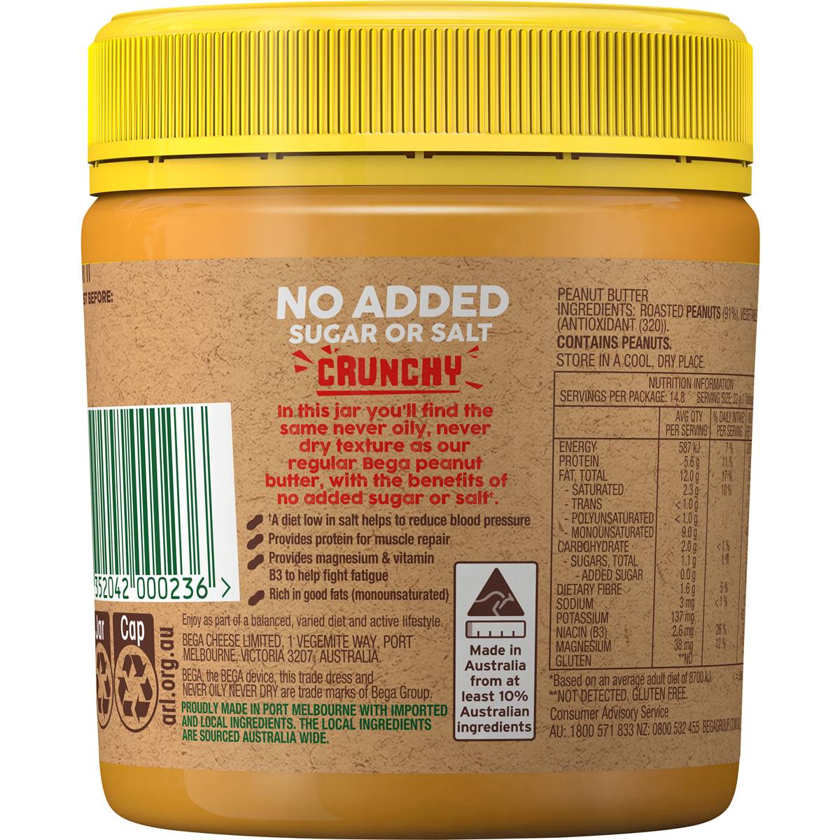 Bega Peanut Butter No Added Sugar Or Salt Crunchy 325g
