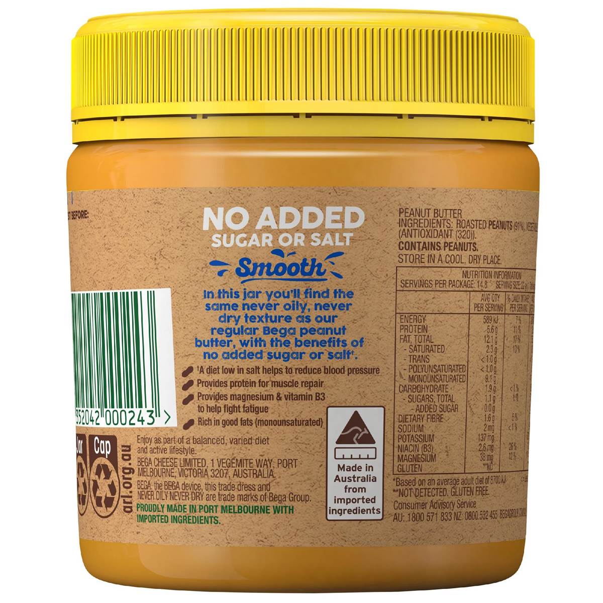 Bega Peanut Butter No Added Sugar Or Salt Smooth 325g