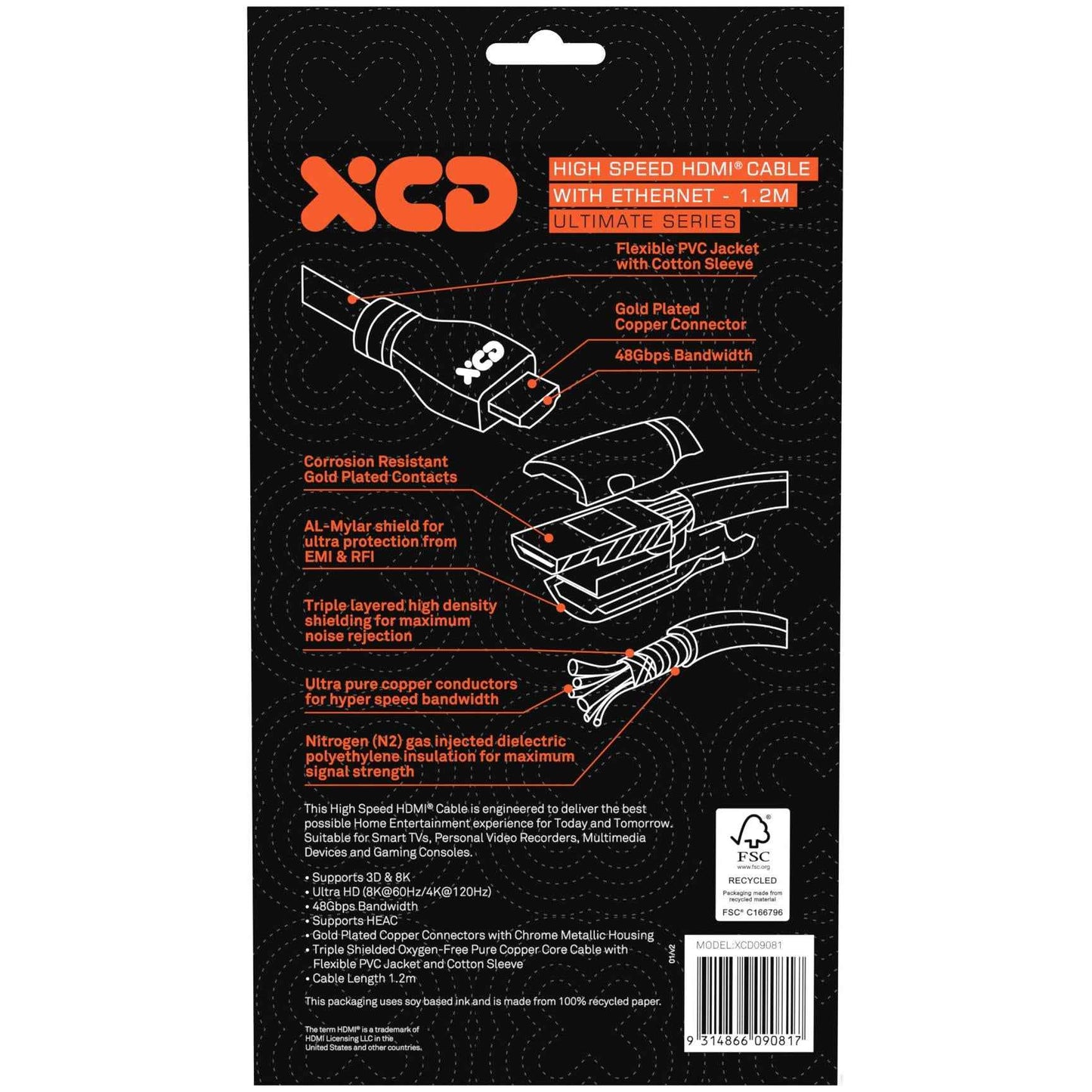 XCD Essentials Ultra High Speed Braided HDMI Cable 4K/8K 1.2m V2