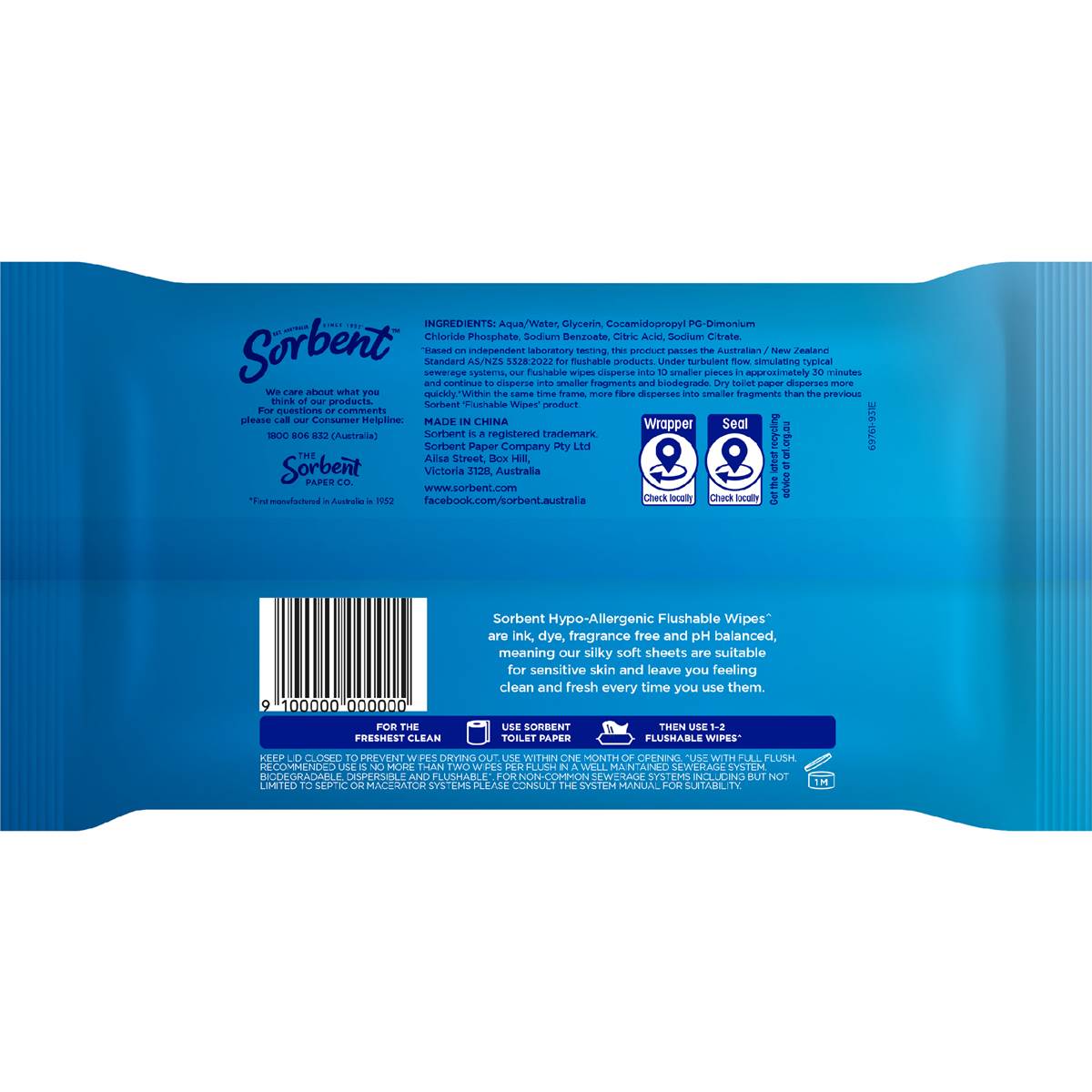 Sorbent Flushable Wipes Hypo-Allergenic 40 Pack