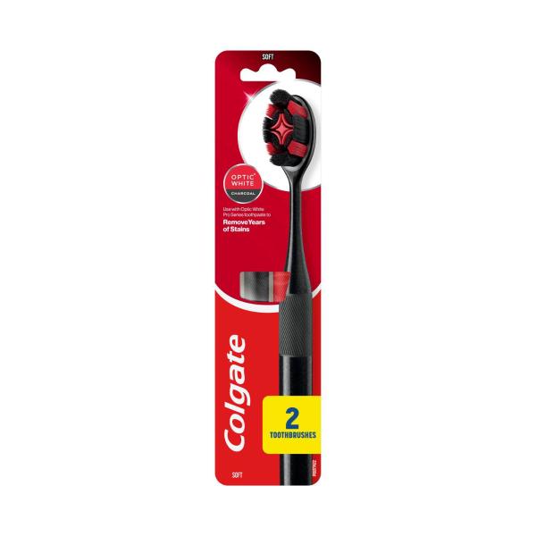 COLGATE OPTIC WHITE PRO MANUAL TOOTHBRUSH CHARCOAL SPIRAL BRISTLES 2PK