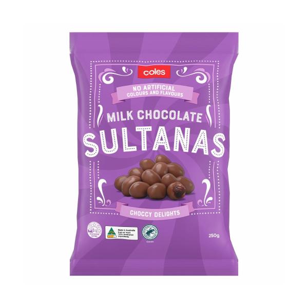 COLES CHOC COATED SULTANAS 250G
