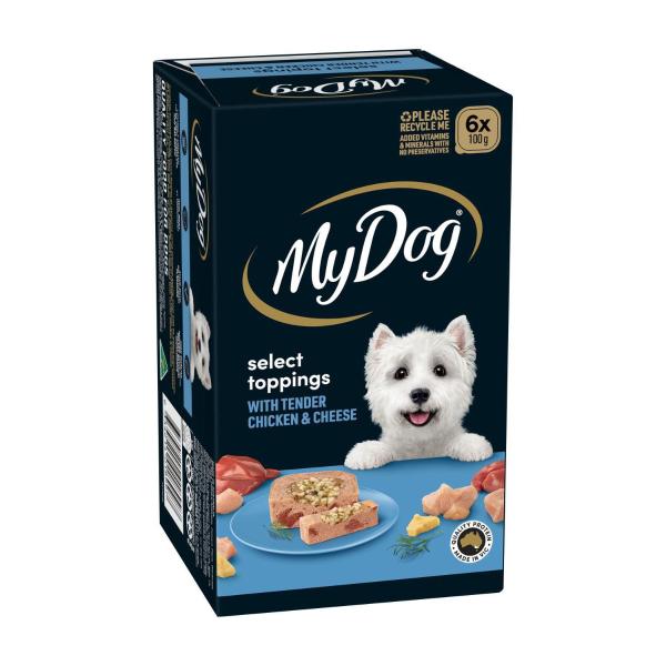 MY DOG ADULT WET DOG FOOD SELECT TOPPINGS WITH TENDER CHICKEN & CHEESE 6X100G TRAYS
