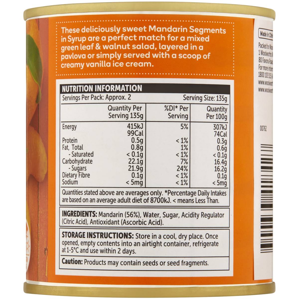 Woolworths Mandarin In Syrup 310g