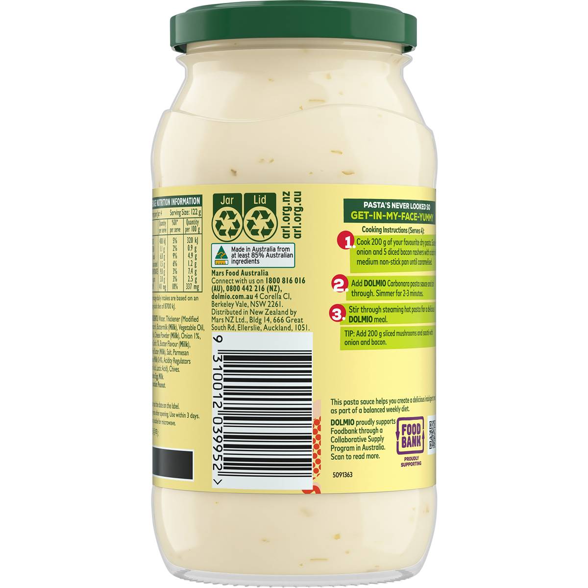 Dolmio Creamy Carbonara Pasta Sauce 490g
