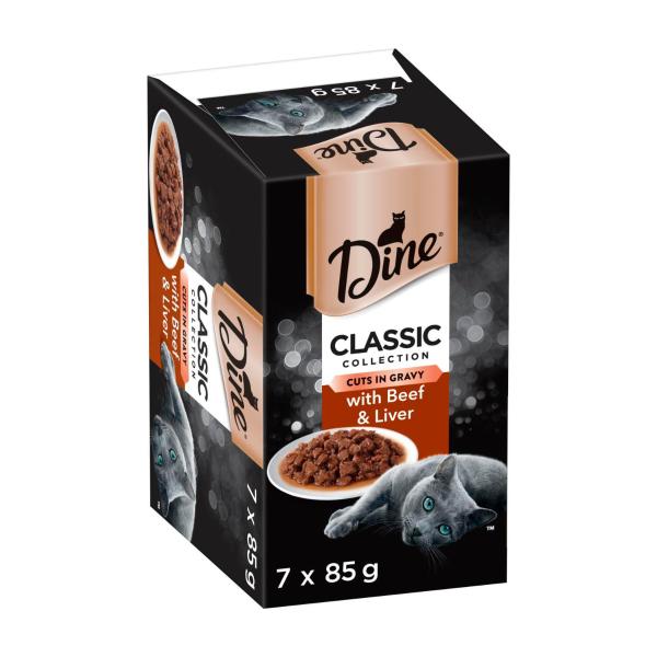 DINE CLASSIC COLLECTION ADULT WET CAT FOOD CUTS IN GRAVY WITH BEEF & LIVER 7X85G TRAYS