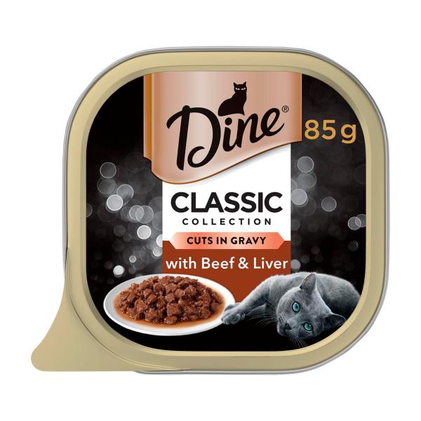DINE WET CAT FOOD BEEF & LIVER IN GRAVY 85G TRAY