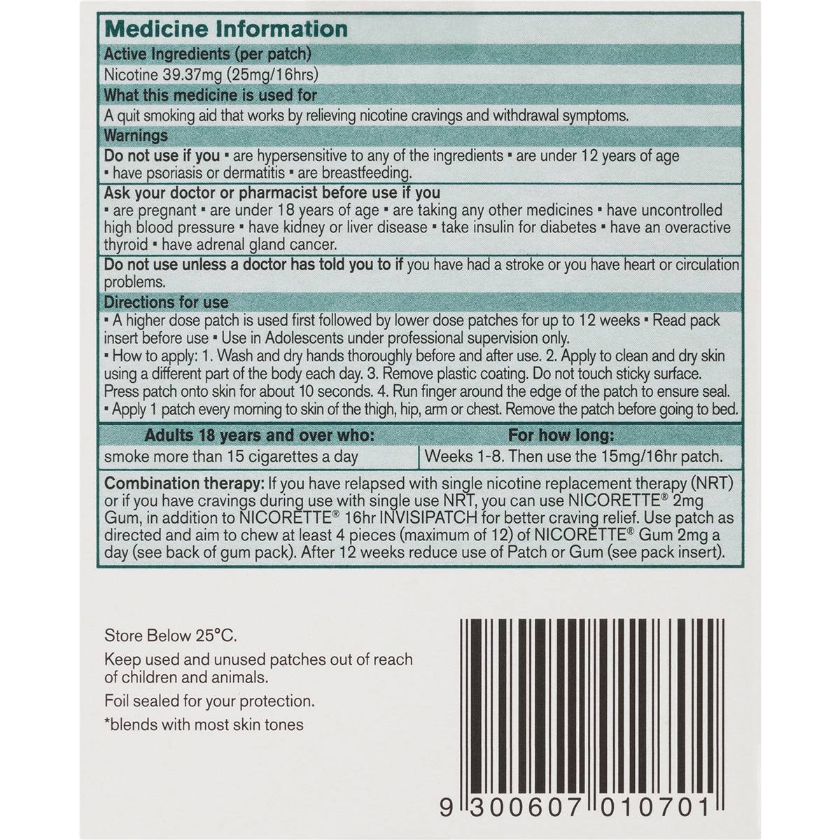 Nicorette Quit Smoking Nicotine 16 Hour Invisipatch Step 1 25mg 7 Pack