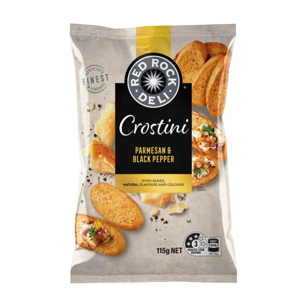 RED ROCK DELI CROSTINI CRACKERS:PARMERSAN & BLACK PEPPER:.:115 GRAM