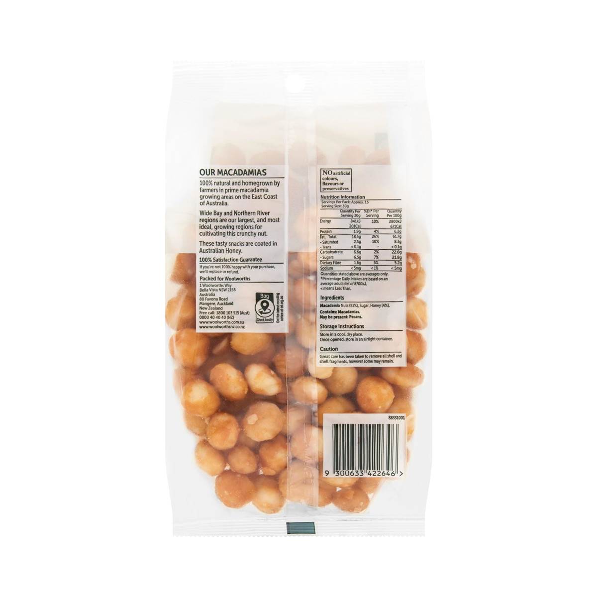 Woolworths Macadamias Honey 400g Pack