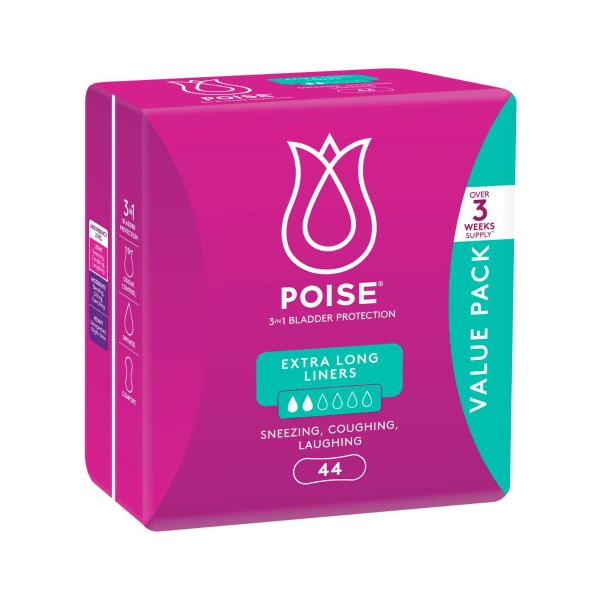 POISE LINERS FOR BLADDER LEAKS EXTRA LONG 44 PACK