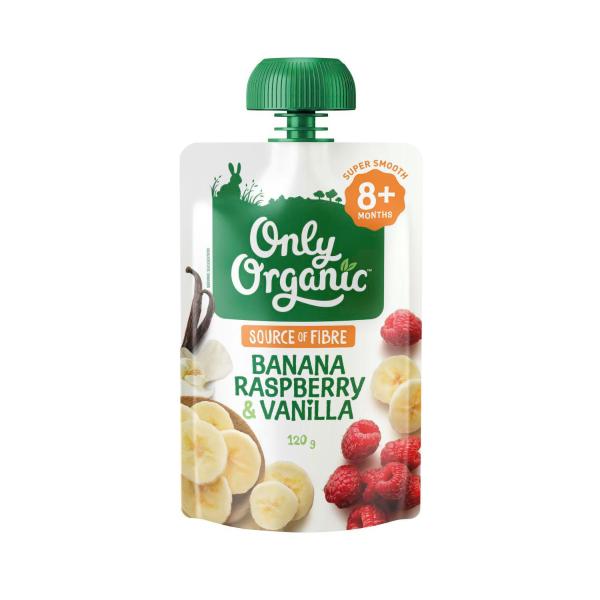 ONLY ORGANIC 8 MONTHS BABY FOOD BANANA RASPBERRY VANILLA 120 GRAM