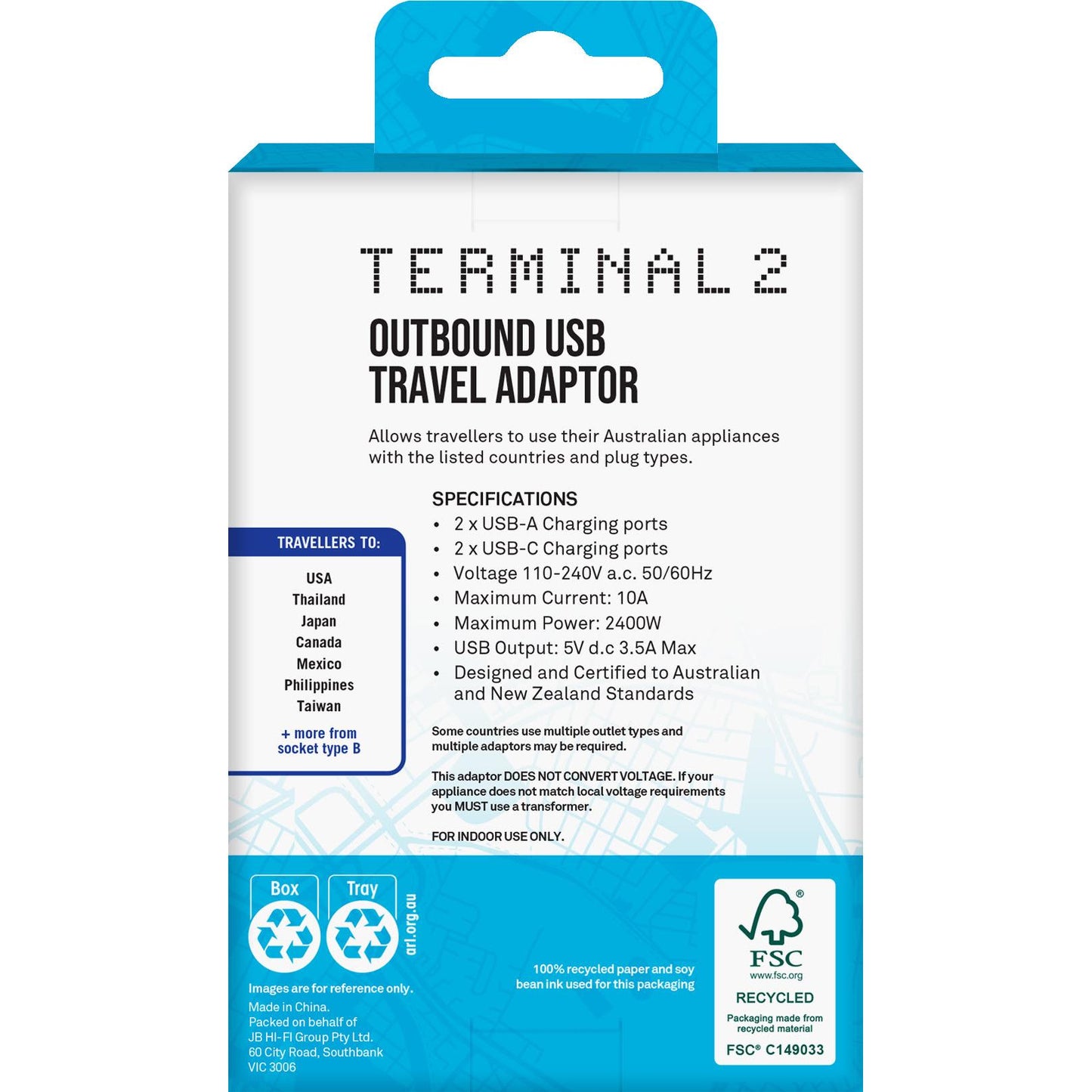 Terminal 2 Outbound Travel Adaptor with 4 USB Ports for America, Canada & More