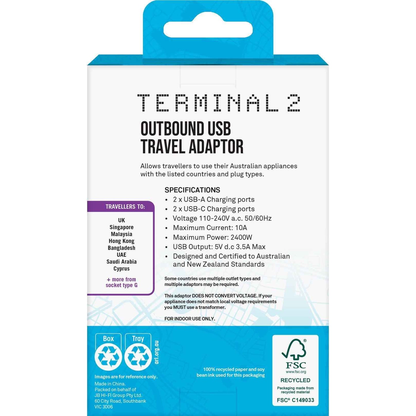 Terminal 2 Outbound Travel Adaptor with 4 USB Ports for UK, Ireland, Hong Kong & More V2