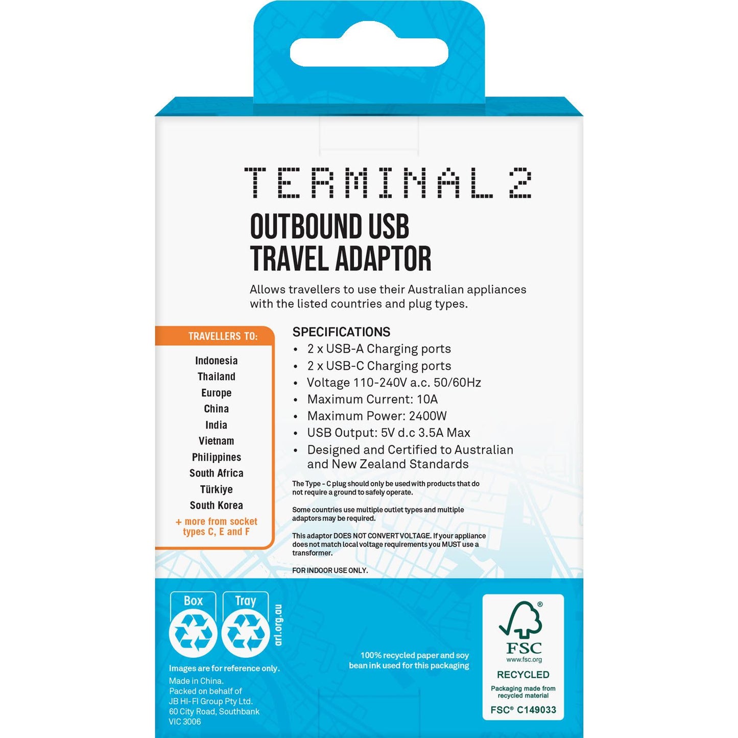 Terminal 2 Outbound Travel Adaptor with 4 USB Ports for Europe, Russia, Vietnam & More