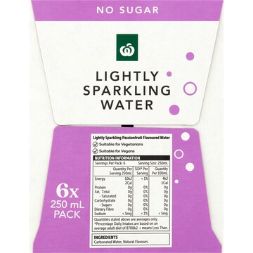 Woolworths Lightly Sparkling Water Cans Passionfruit 250mL x 6 pack