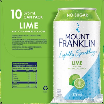 Mount Franklin Lightly Sparkling Water lime Cans 375mL x 10 pack