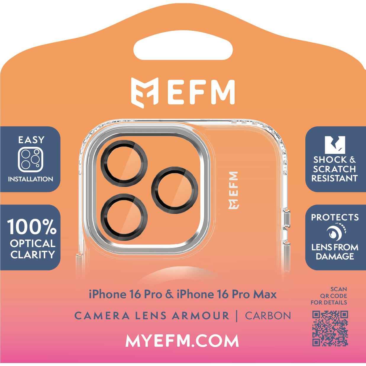 EFM Camera Lens Screen Armour for iPhone 16 Pro/16 Pro Max (Carbon)