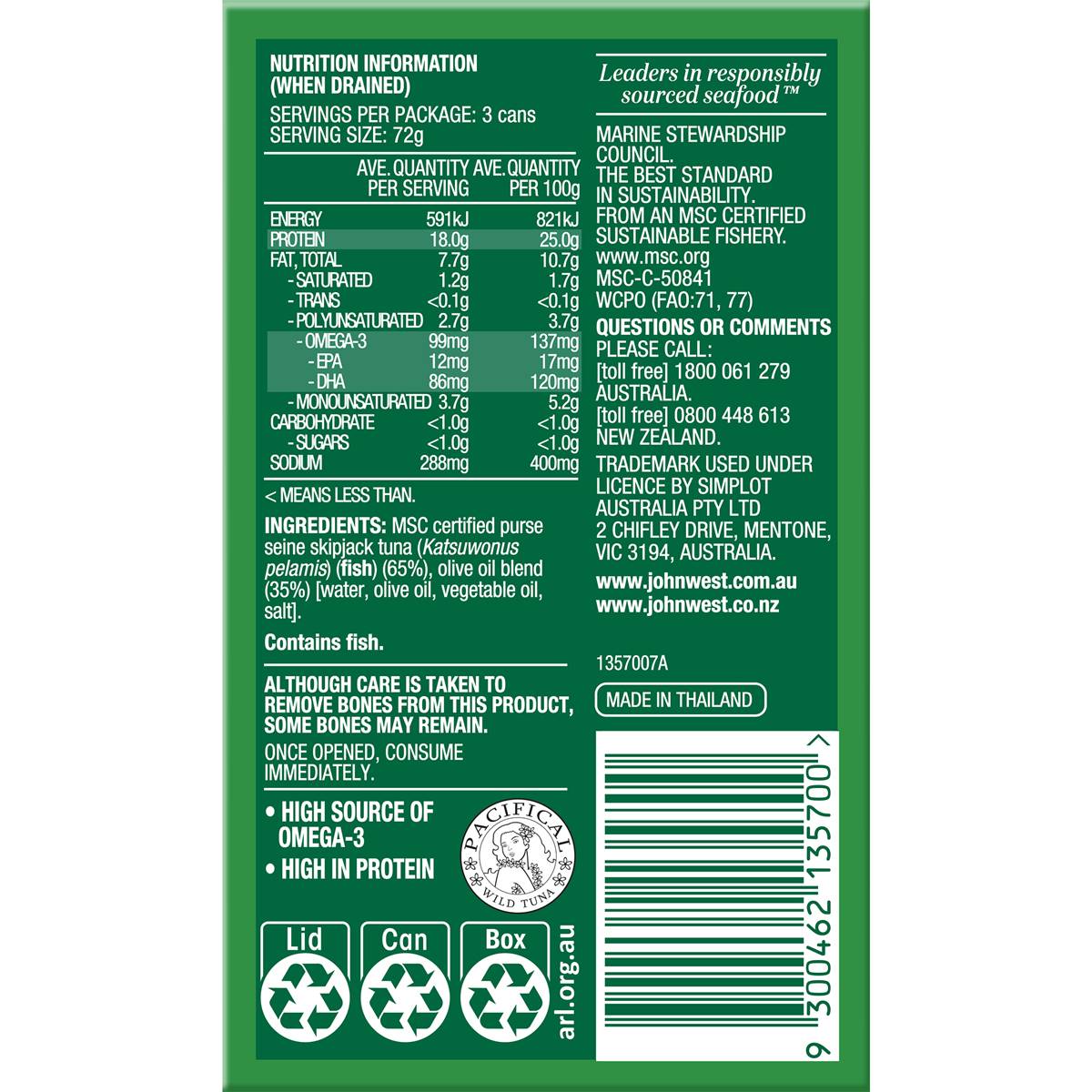 John West Chunk Style Tuna Oil In Olive Oil Blend 95g x 3 pack
