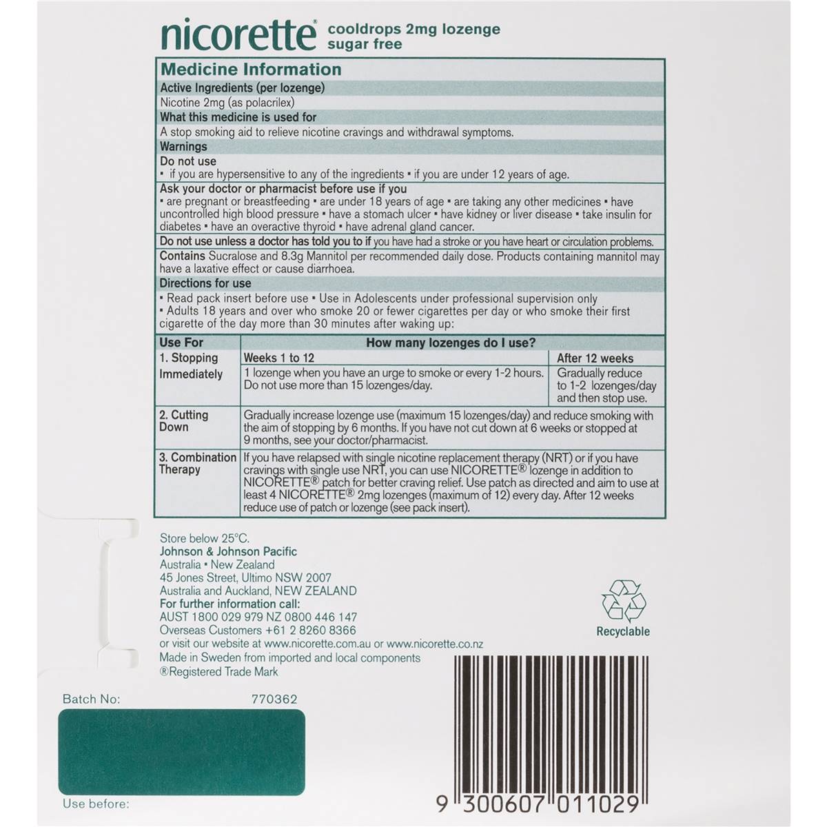 Nicorette Quit Smoking Regular Strength Cooldrops Lozenge Icy Mint 4 x 20 Pack