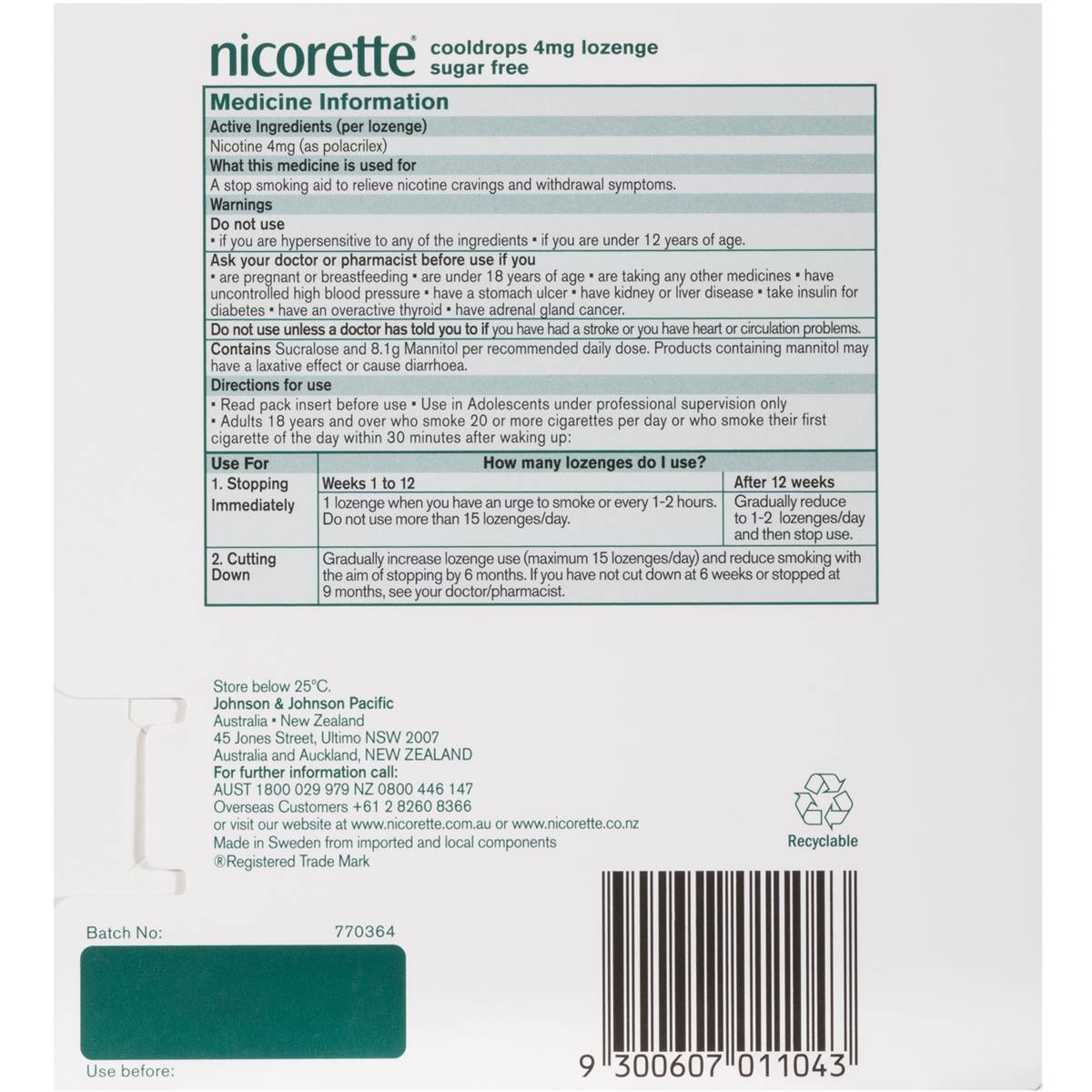 Nicorette Quit Smoking Extra Strength Cooldrops Lozenge Icy Mint 4 x 20 Pack