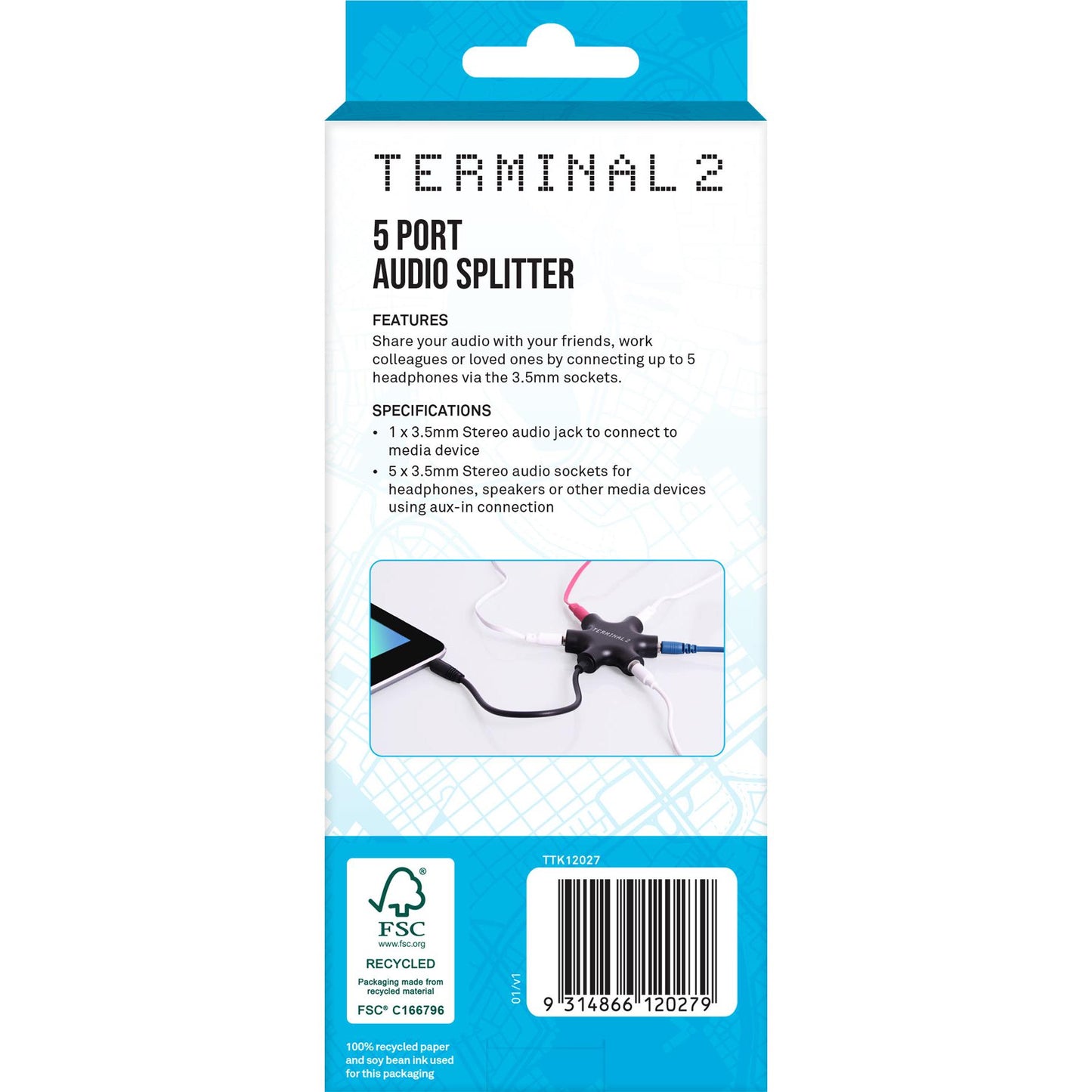 Terminal 2 Headphone Audio 3.5mm 5 Way Splitter