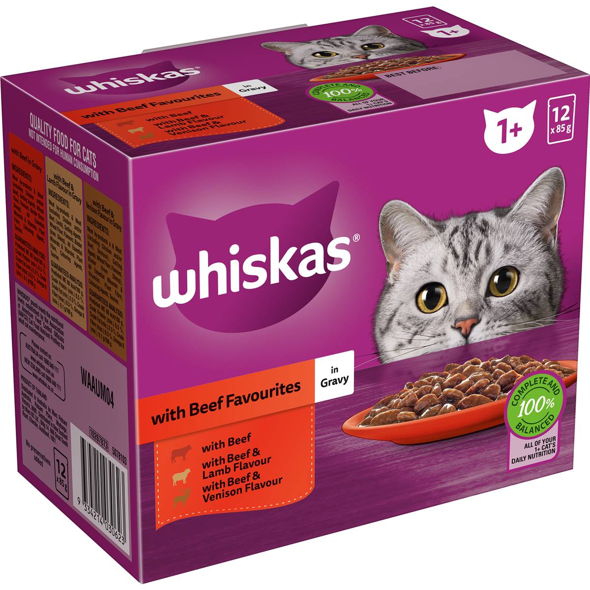 Whiskas 1+ Years Wet Cat Food Favourites Beef In Gravy Pouch 85g x12 Pack