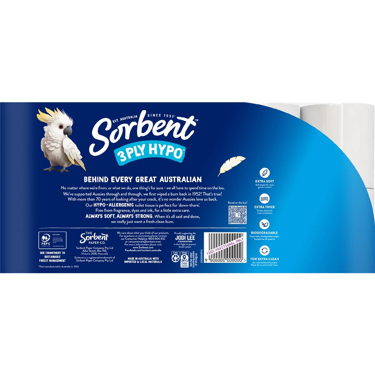 Sorbent 3PLY Hypo-Allergenic Toilet Paper 20 pack