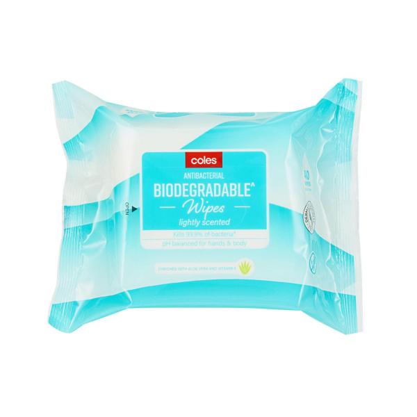 COLES HAND & BODY ANTIBACTERIAL BIODEGRADABLE WIPES 40 PACK