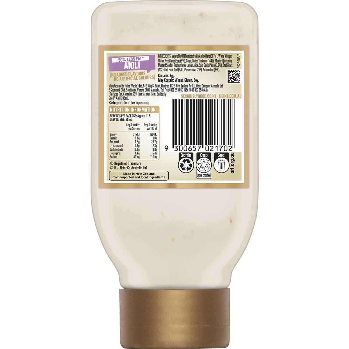 Heinz Mayo Seriously Good Lite Aioli Mayonnaise 295mL