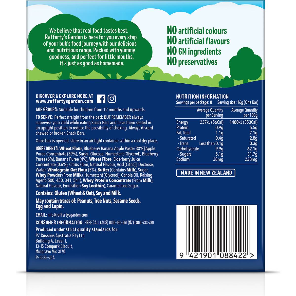 Rafferty's Garden Baby Food Blueberry, Banana & Apple Snack Bars 12+ Months 128g