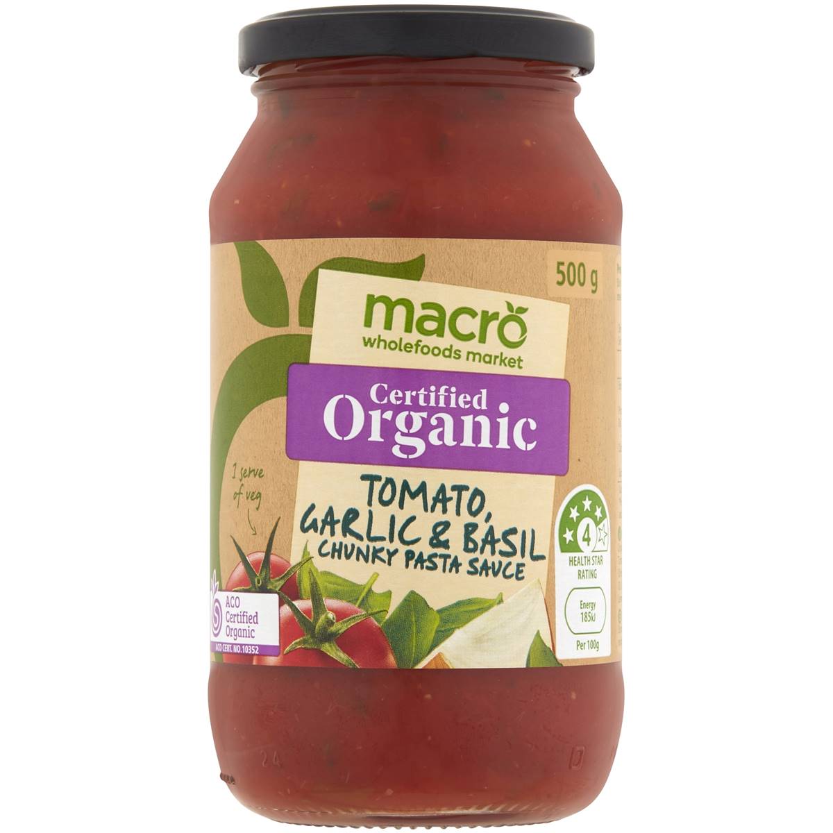 Macro Organic Pasta Sauce Chunky Tomato Garlic Basil 500g