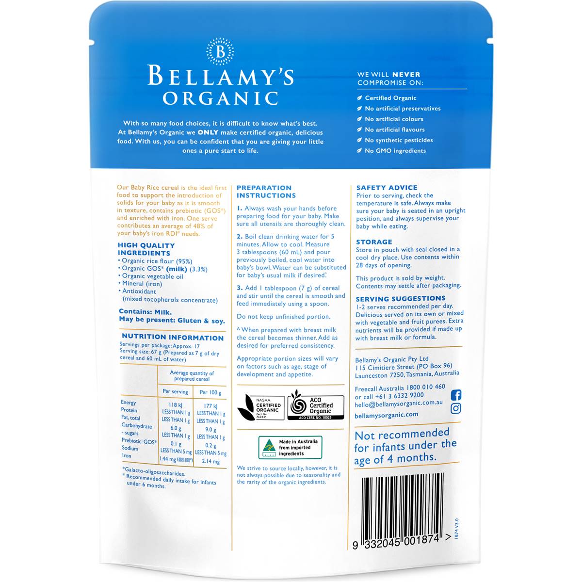 Bellamy's Organic Organic Baby Rice With Prebiotic 4+ Months 125g