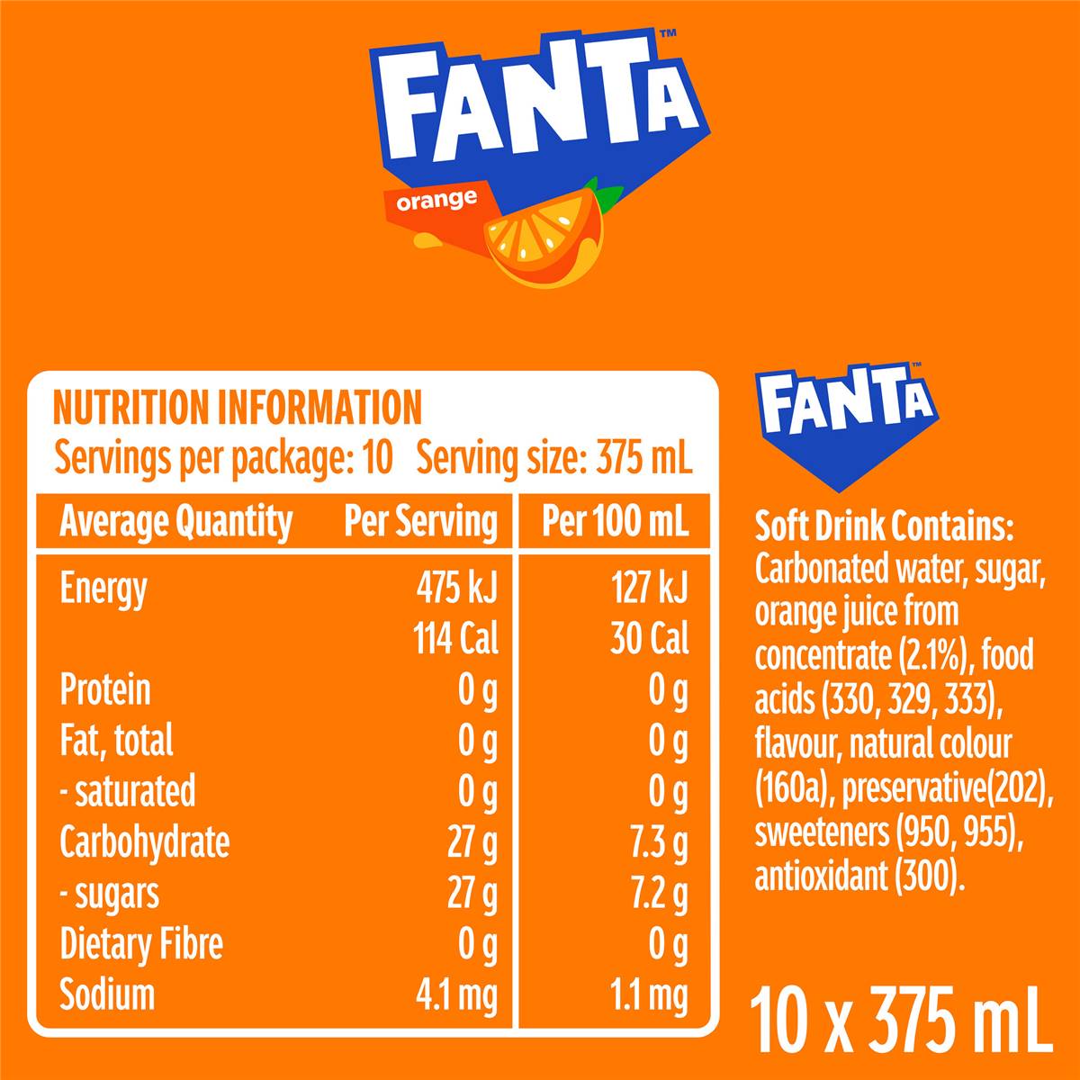 Fanta Orange Soft Drink Multipack Cans 375ml x10 Pack