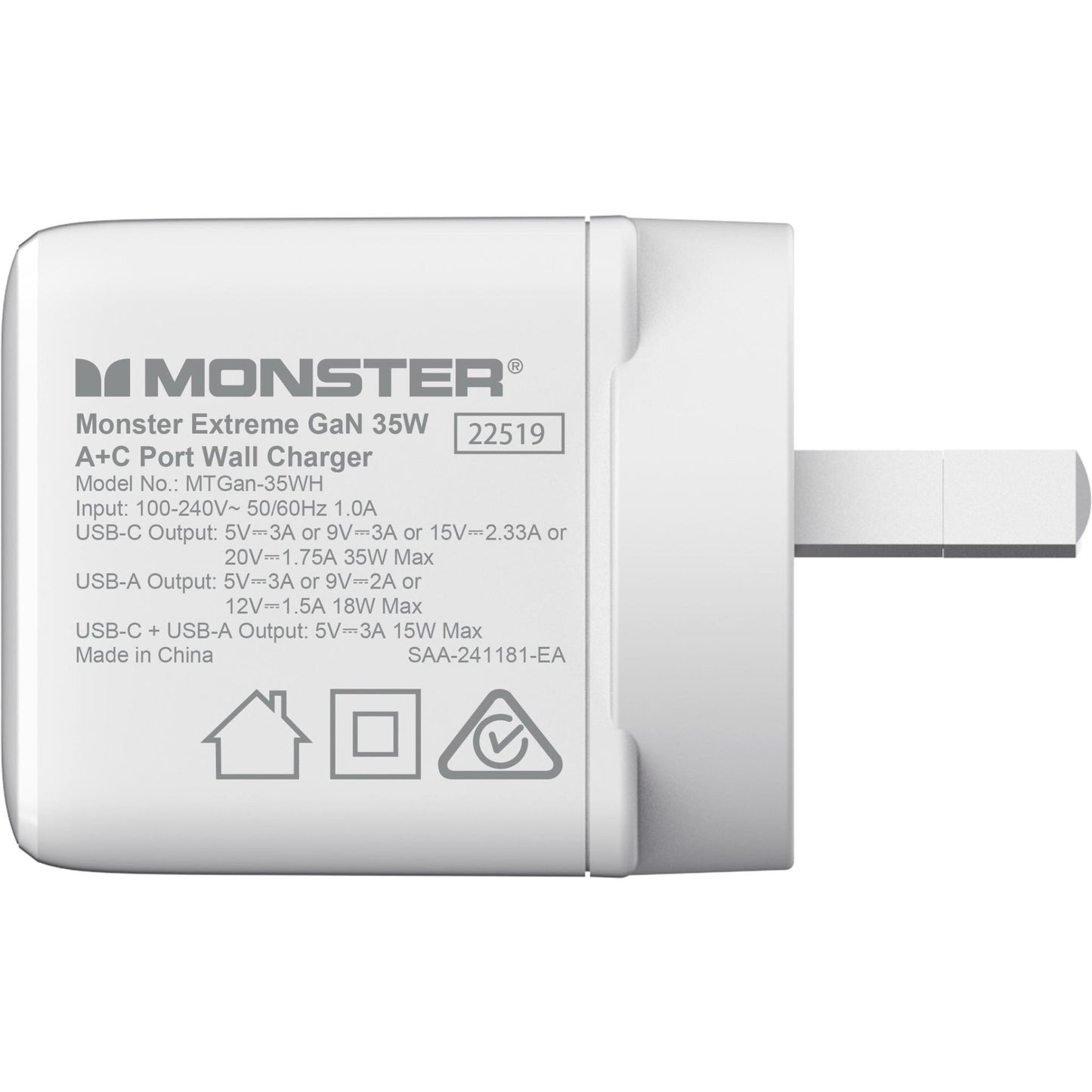 Monster 35W GaN USB-C/A Port Wall Charger (White)