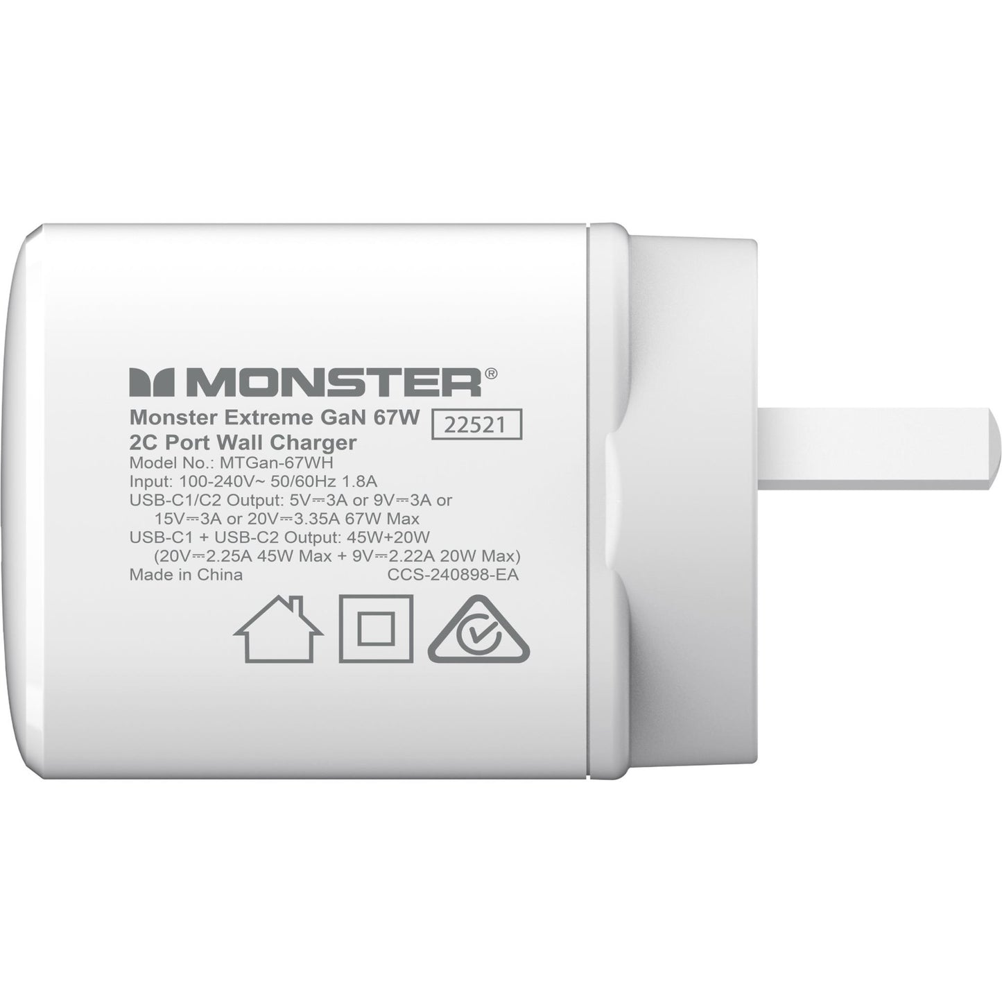 Monster 67W GaN Dual USB-C Port Wall Charger (White)